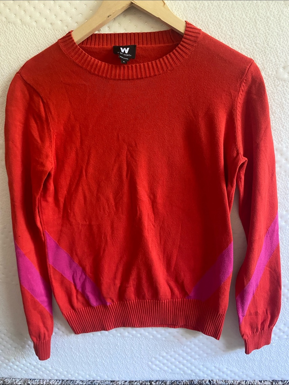 W by Worth Red Crewneck Sweater with Pink Sleeve Accents